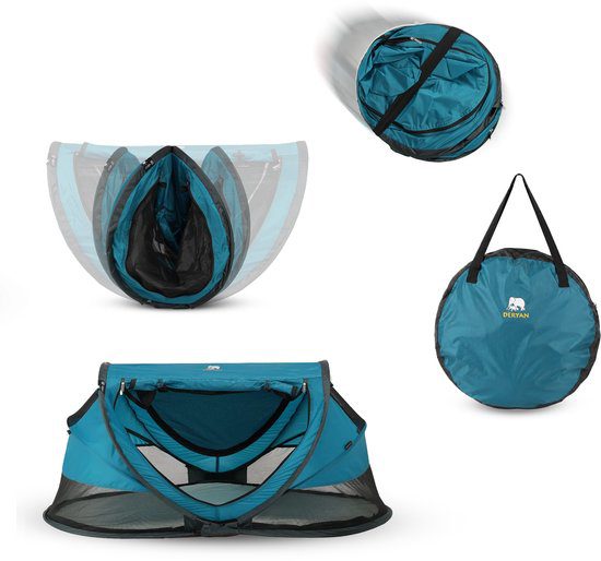 Groen/blauw Deryan tentbedje uitgeklapt, opgevouwen en als tas