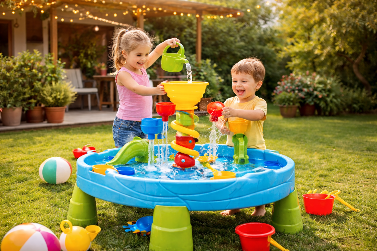 Twee spelende peuters in tuin met watertafel