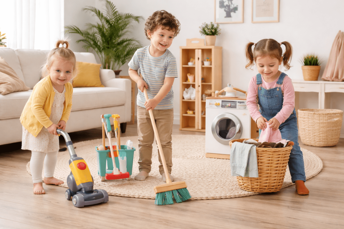 Spelende kinderen met schoonmaakspeelgoed