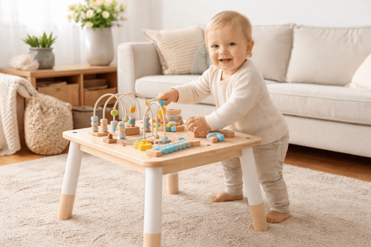 Blije peuter staat aan een activiteitentafel te spelen