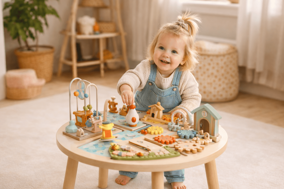 Spelende en blije peuter in een tuinbroek aan een activiteitentafel