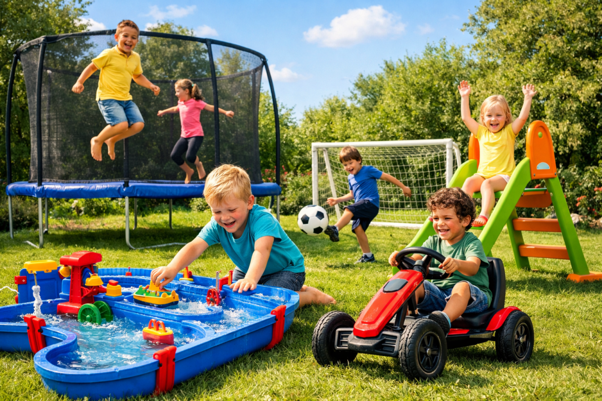 kinderen spelen met buitenspeelgoed in zonnige tuin