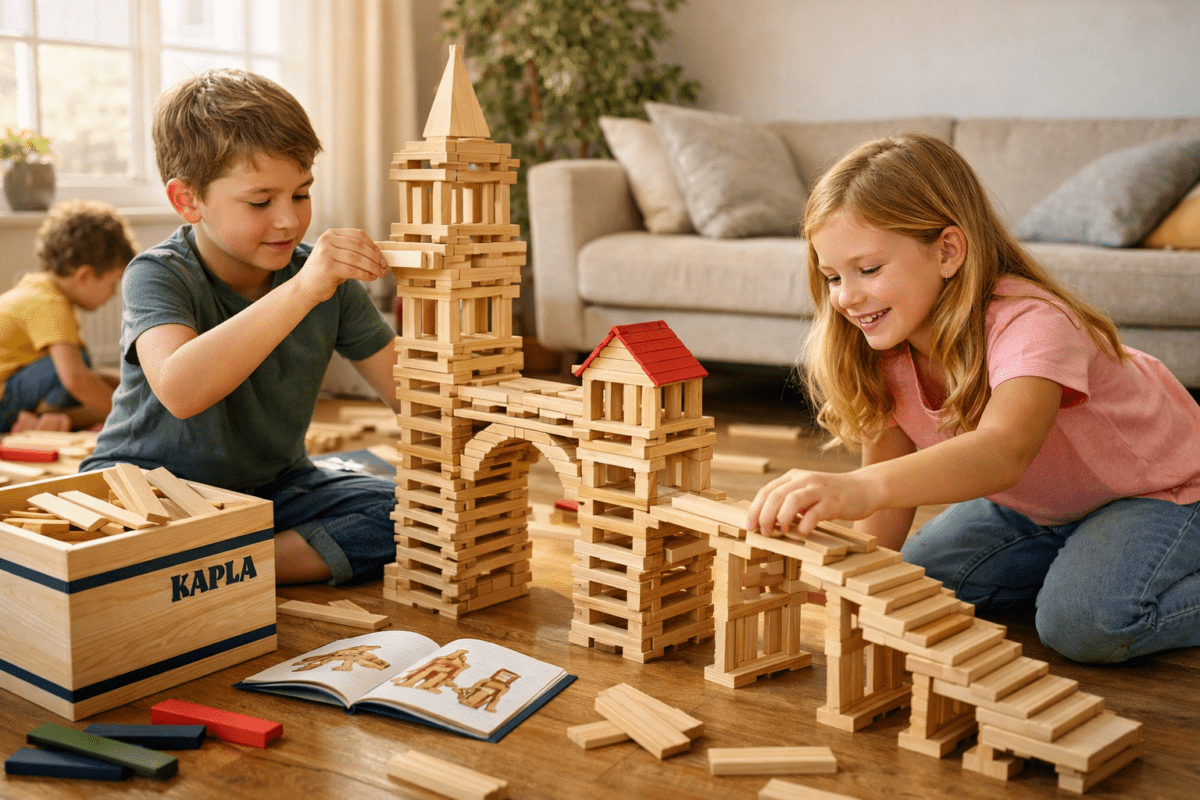 Spelende kinderen maken een groot Kapla bouwwerk