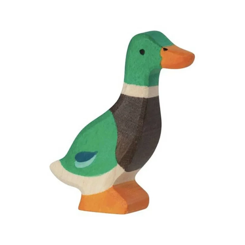 Holztiger houten mannetjes eend. Groen en rechtopstaand.